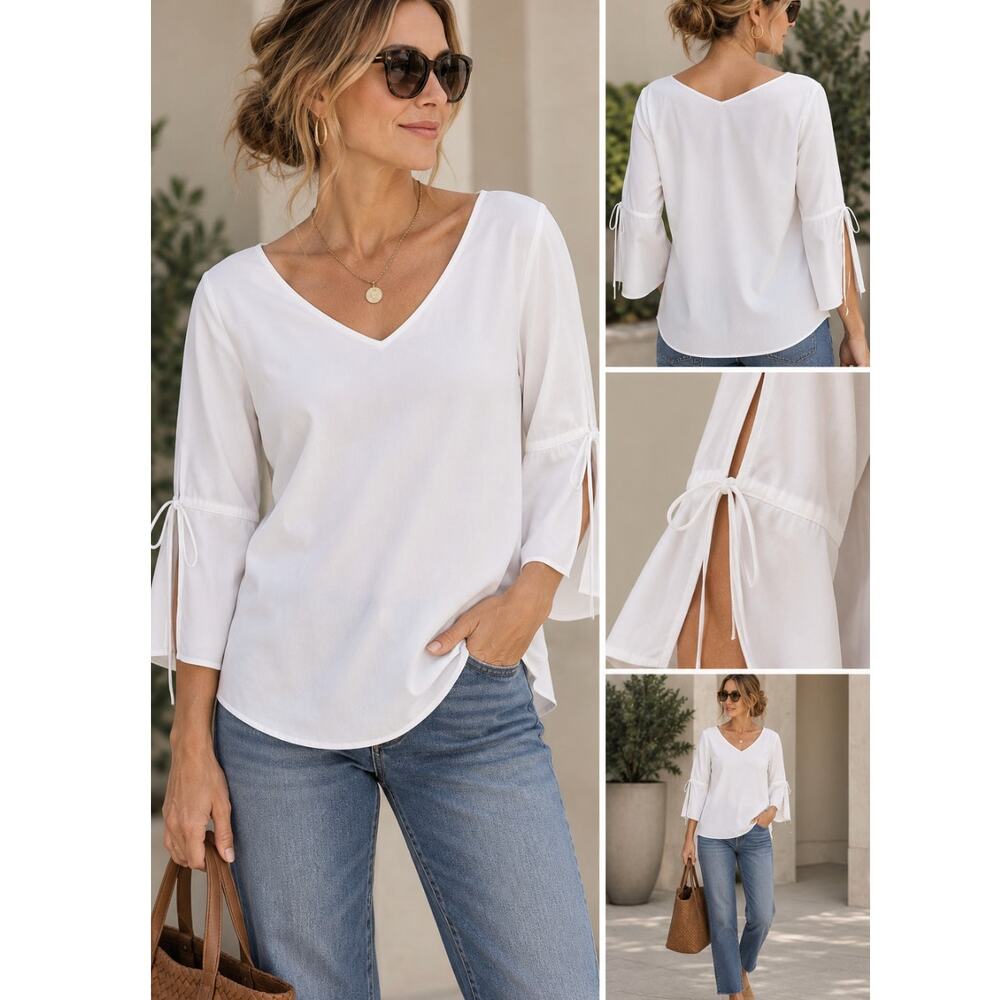 Lafayette 148 New York Blouse M White Slit Bell Sleeve Tie Detail Minimalist